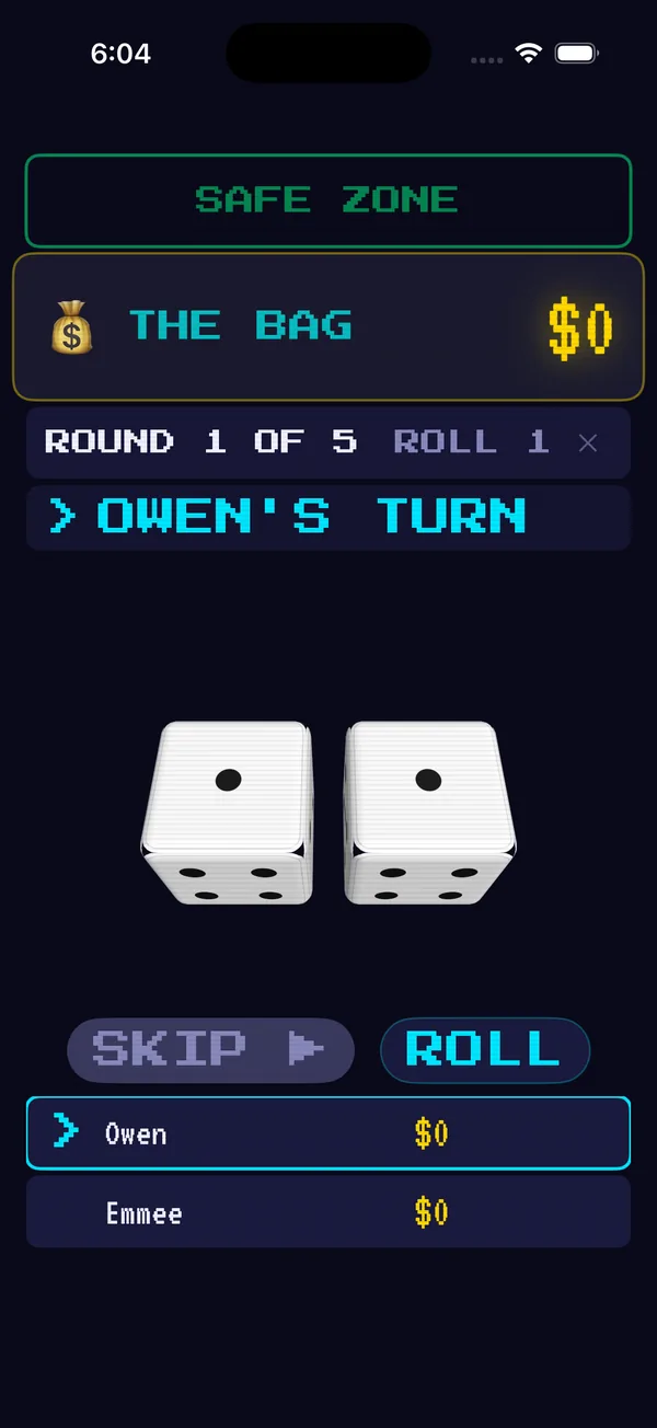A turn in progress: The Bag shows $0 in the Safe Zone, round 1 of 5, with two dice ready to roll
