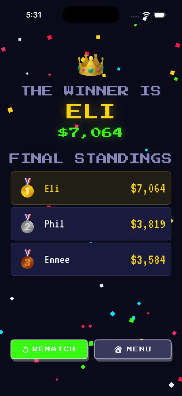 Winner screen announcing Eli with $7,064 and final standings for three players